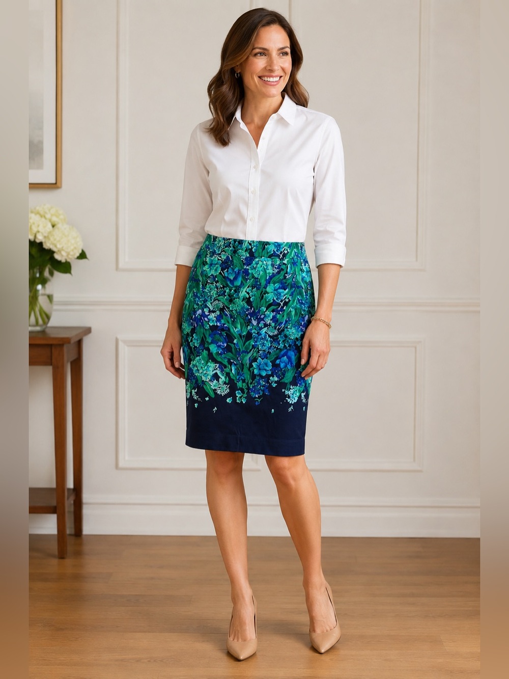 Talbots Blue and Green Floral Skirt, Size 10